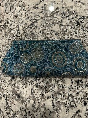 Menbur Aqua Satin Frame Clutch with Silver Chain Strap